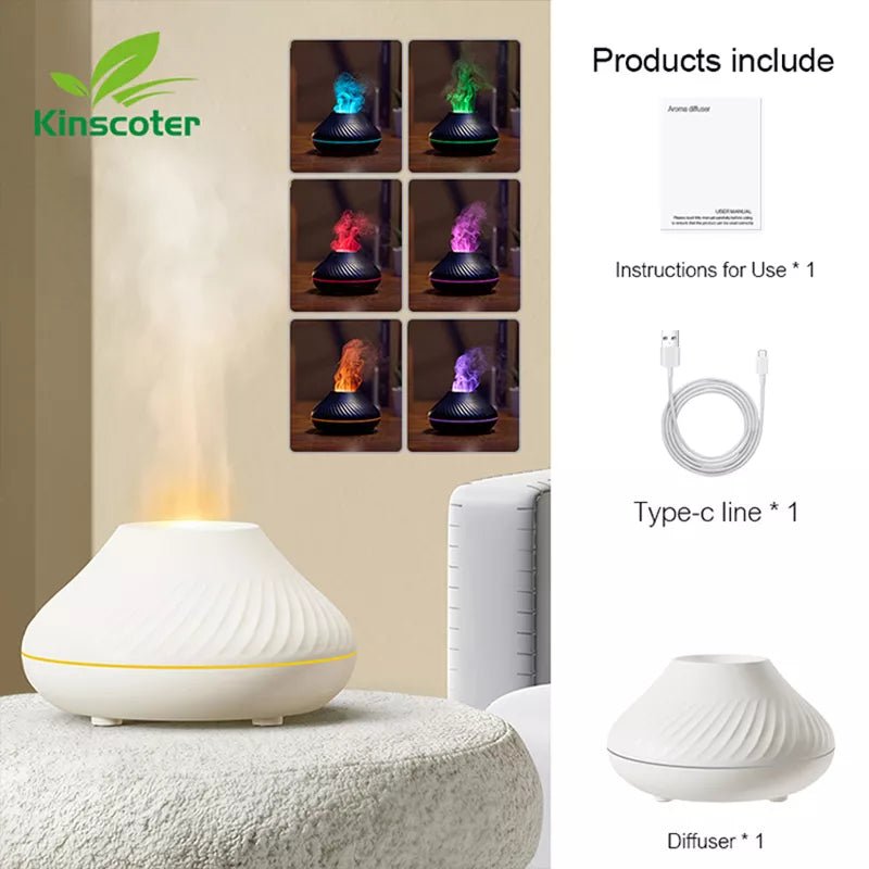 Volcanic Aroma Essential Oil Lamp - Portable Air Humidifier/ Diffuser with Color Flame Night Light - DelveIn 2U - 14:29#White