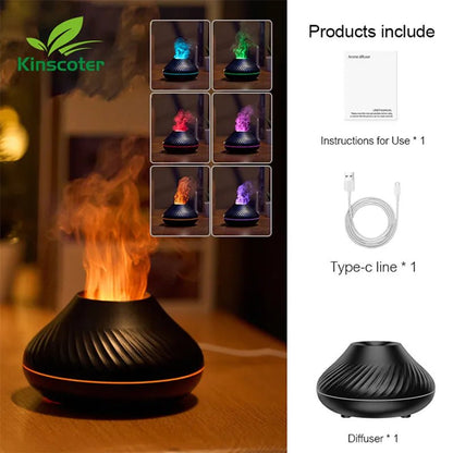 Volcanic Aroma Essential Oil Lamp - Portable Air Humidifier/ Diffuser with Color Flame Night Light - DelveIn 2U - 14:193#Black